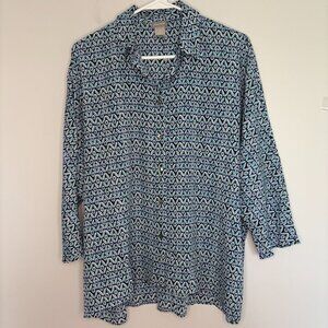 CHICO'S Button Up Blouse 0 XS Teal Blue Black Raglan Sleeve Collared Stretch